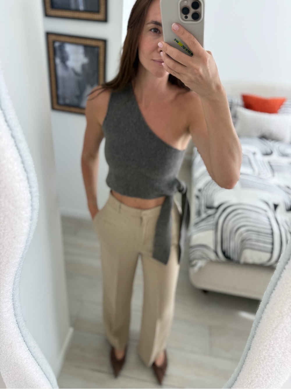 Zara One-Shoulder Gray Knit Tie-Side Crop Top - Picture 3 of 11